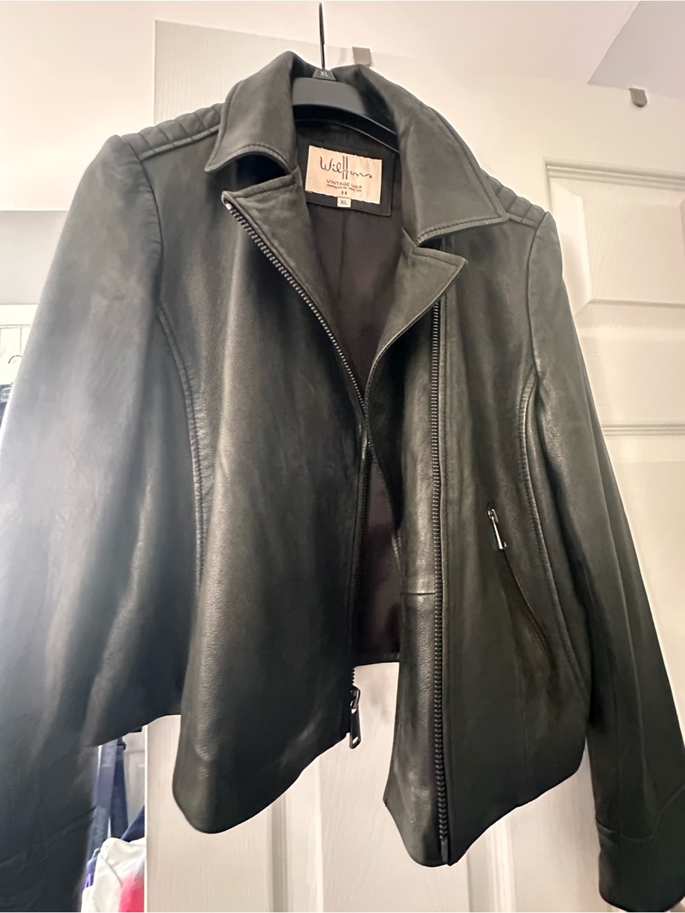 Wilson’s leather  Black Leather Moto Jacket with a slight olive green undertone